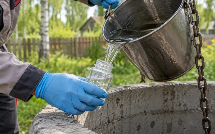 Отбор пробы воды из колодца в стерильную лабораторную ёмкость