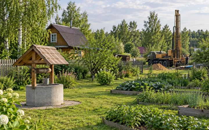 Колодец из бетонных колец на участке и буровая установка вдалеке