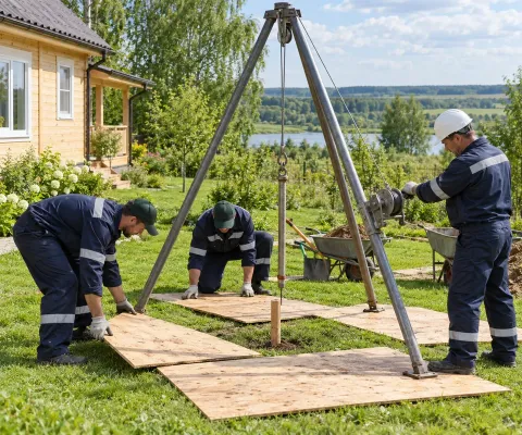 Подготовка площадки и установка треноги для копки колодца
