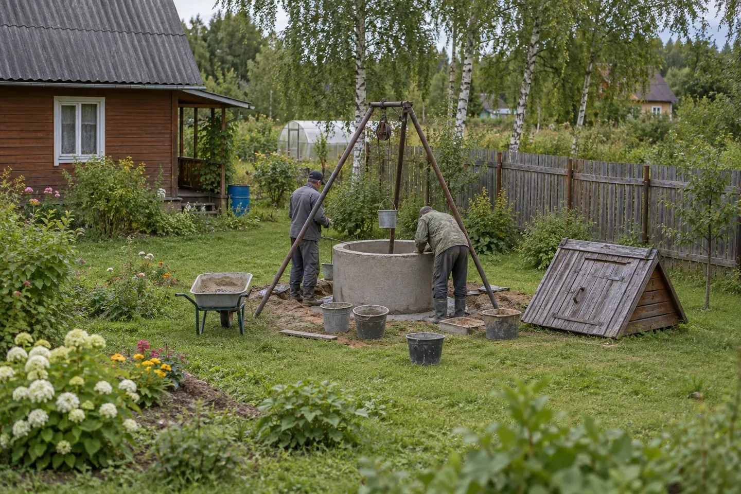 Ремонт колодца из бетонных колец: тренога с лебёдкой над шахтой