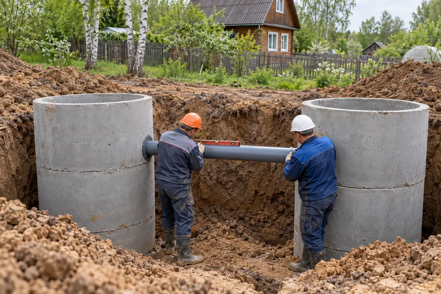 Монтаж двухкамерного септика из бетонных колец с переливной трубой
