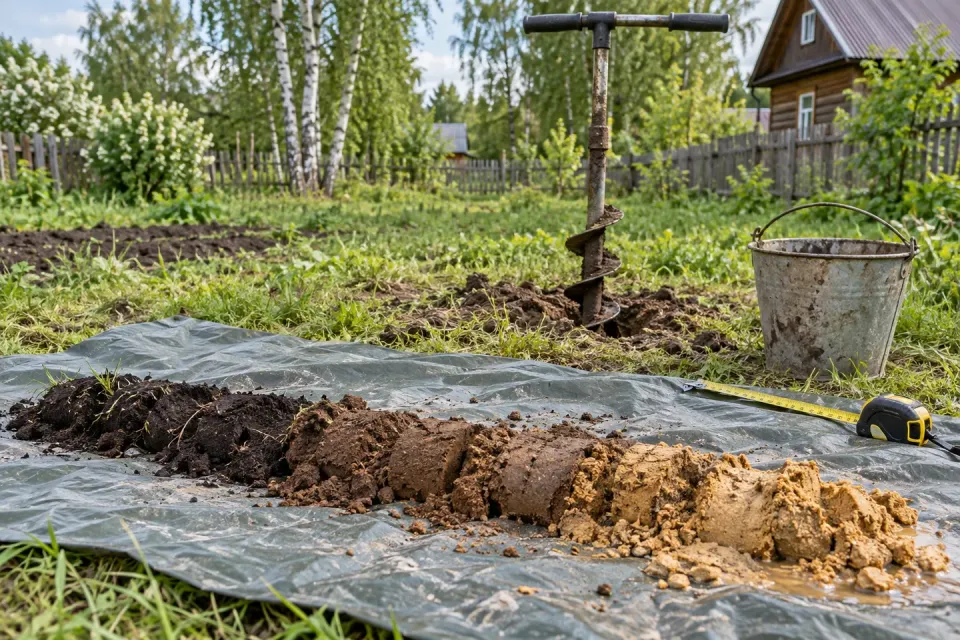 Разведочное бурение ручным буром, образцы грунта разложены на плёнке