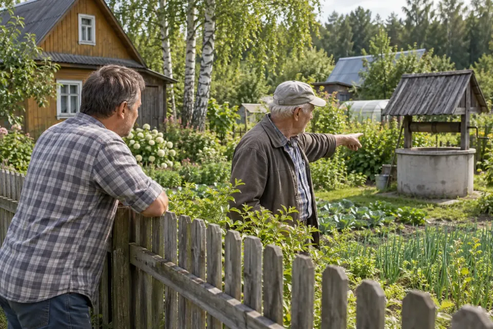 Хозяин участка расспрашивает соседа о глубине его колодца