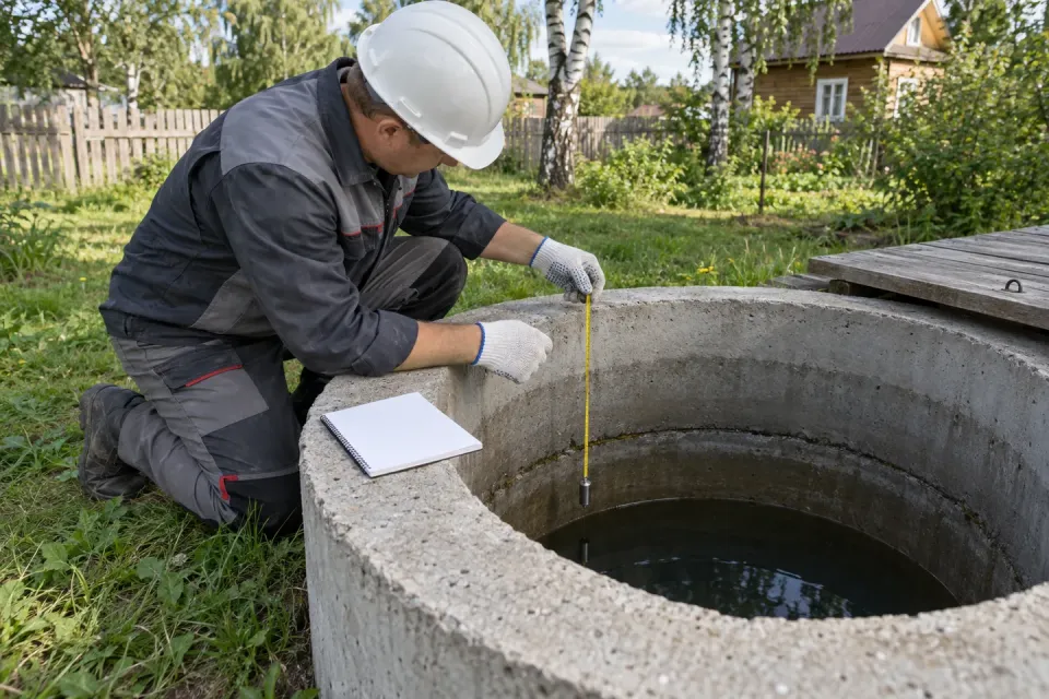 Замер уровня воды в колодце рулеткой с грузом
