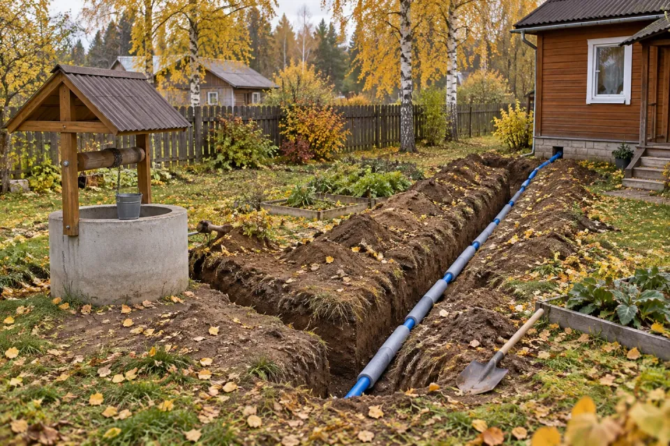 Траншея с водопроводной трубой в утеплителе от колодца к дому