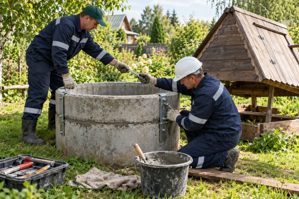 Бригада ремонтирует колодец из бетонных колец