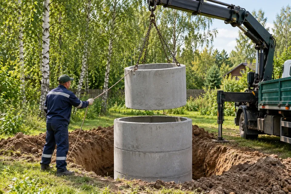 Монтаж бетонных колец колодца краном
